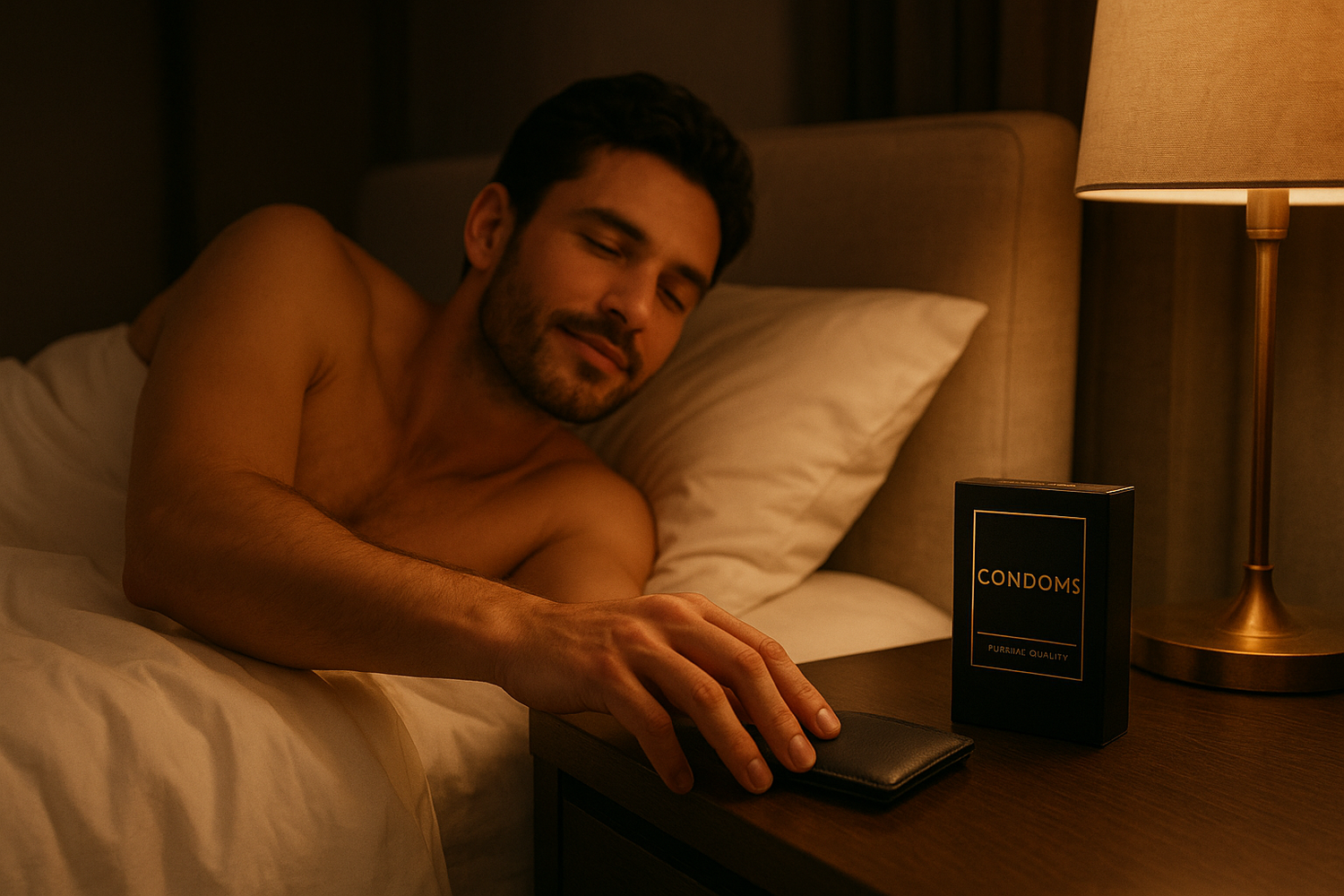 Condom collection man reaching for condoms in bed luxury bedside table and lamp